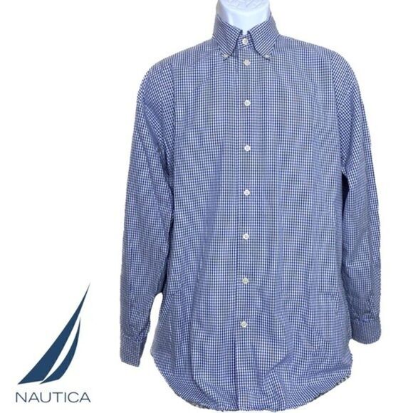 NAUTICA Blue Plaid Dress Shirt Mens L Cotton Button Down - Picture 1 of 7